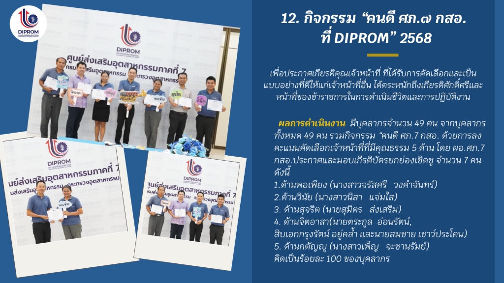 DIPROM Center 7 เผยแพร่เอกสาร สื่อ องค์ความรู้จากการดำเนินการเป็นองค์กรคุณธรรมต้นแบบ