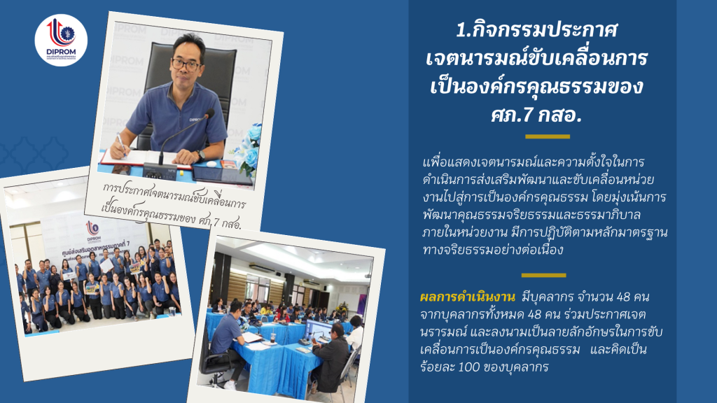 DIPROM Center 7 เผยแพร่เอกสาร สื่อ องค์ความรู้จากการดำเนินการเป็นองค์กรคุณธรรมต้นแบบ