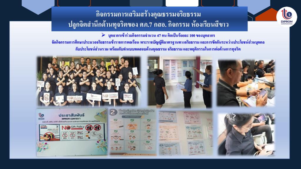 DIPROM Center 7 เผยแพร่เอกสาร สื่อ องค์ความรู้จากการดำเนินการเป็นองค์กรคุณธรรมต้นแบบ