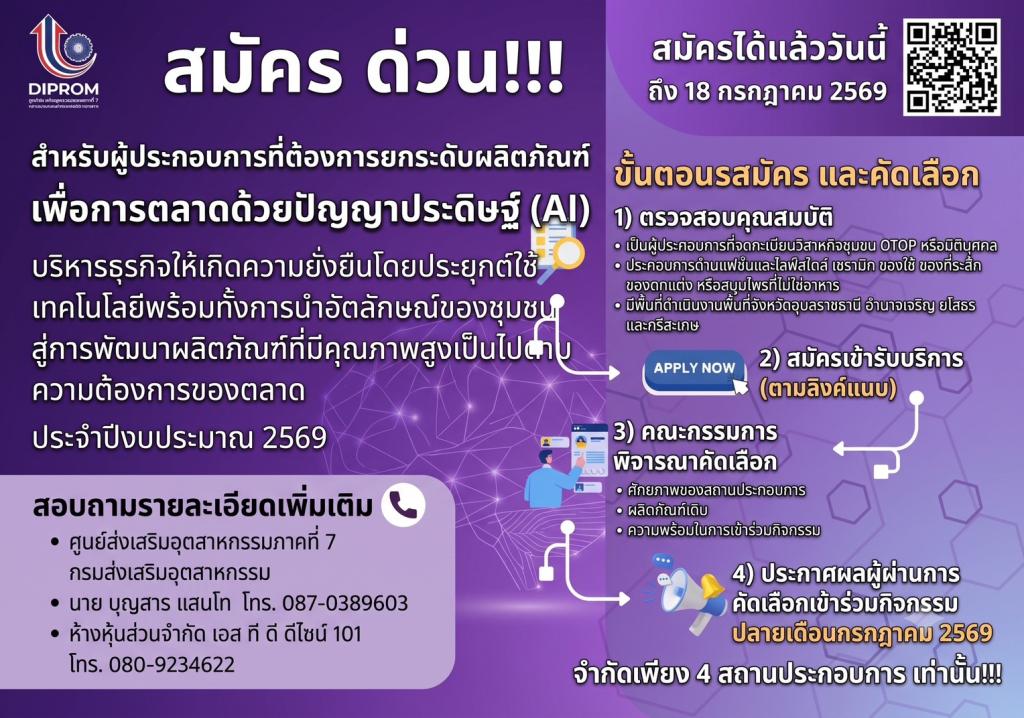 เปิดรับสมัครผู้ประกอบการเข้าร่วมโครงการยกระดับผลิตภัณฑ์ด้วย AI