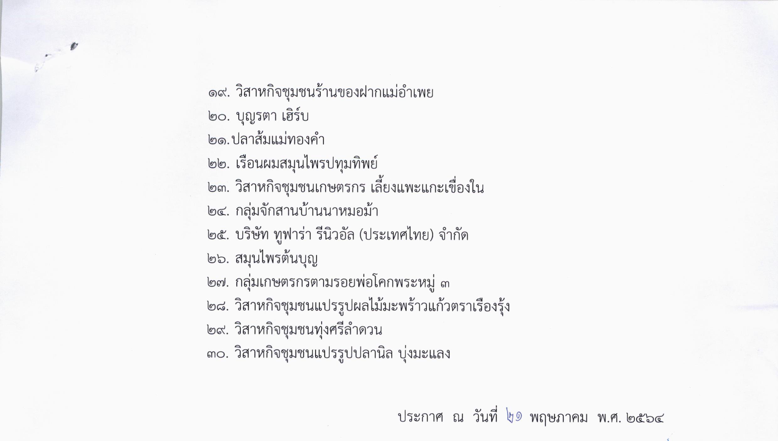 ประกาศรายชื่อสถานประกอบการที่ได้รับการคัดเลือกเข้าร่วม กิจกรรมพัฒนาผลิตภัณฑ์เกษตรแปรรูปให้สอดคล้องกับความต้องการของตลาด