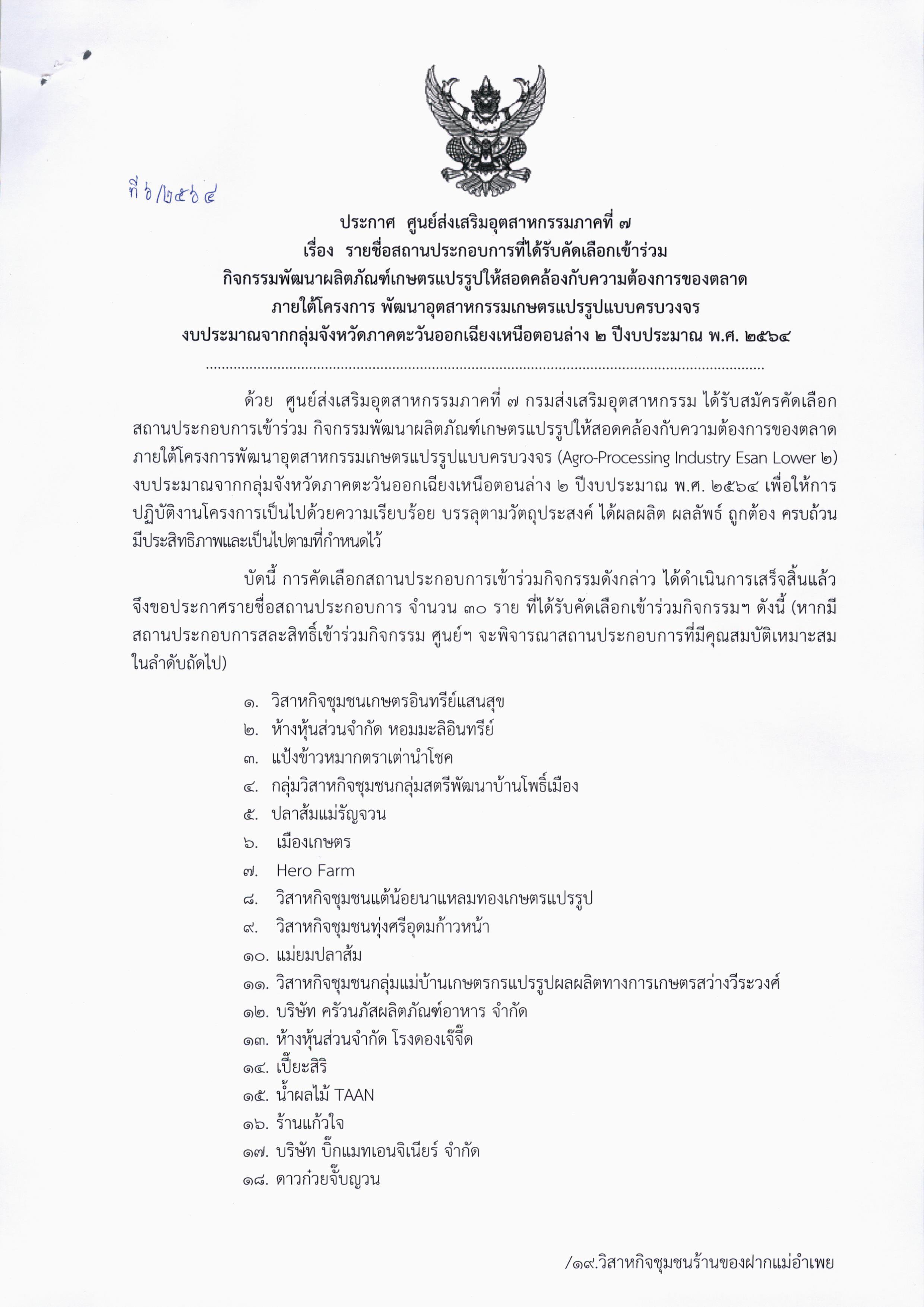ประกาศรายชื่อสถานประกอบการที่ได้รับการคัดเลือกเข้าร่วม กิจกรรมพัฒนาผลิตภัณฑ์เกษตรแปรรูปให้สอดคล้องกับความต้องการของตลาด