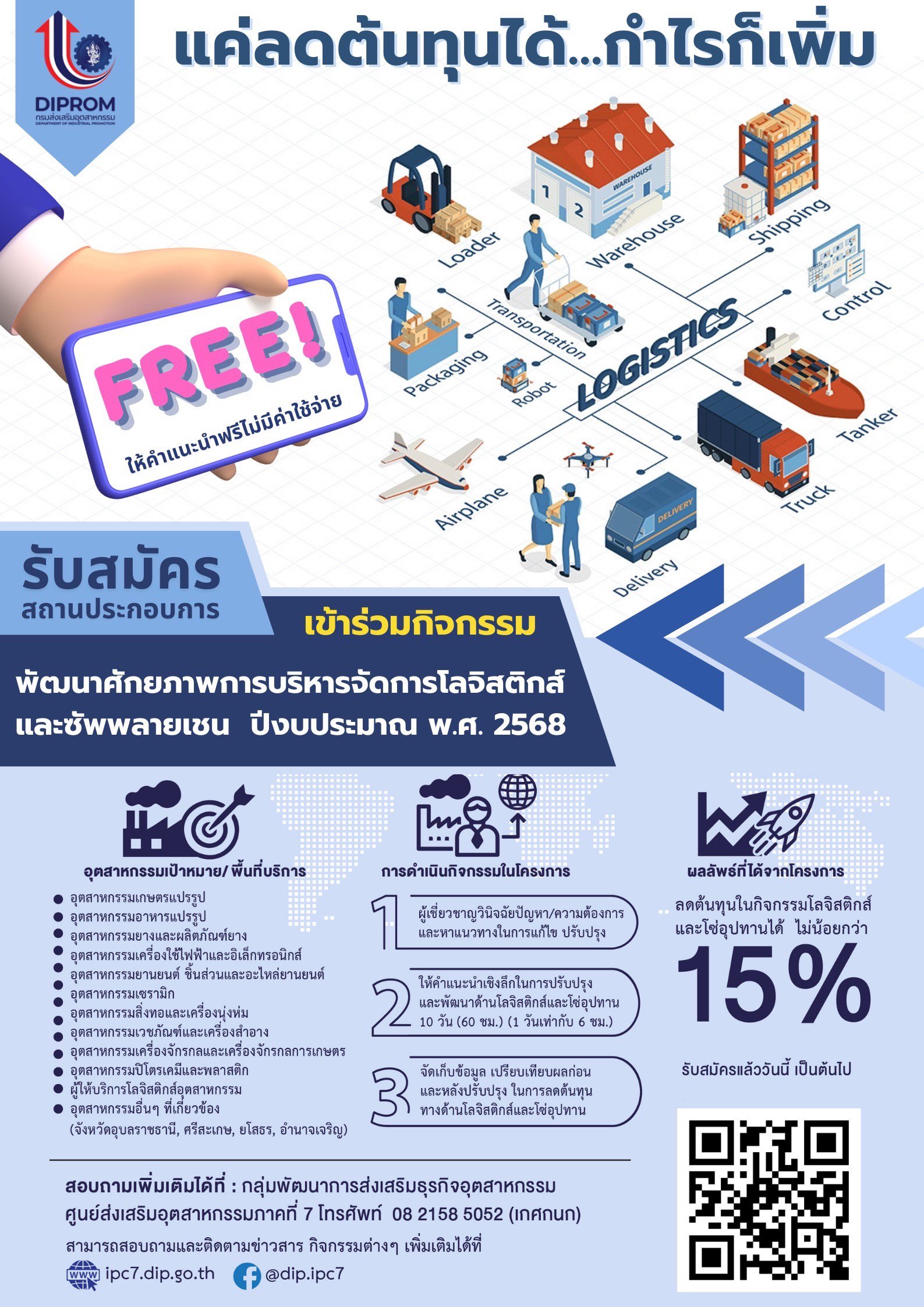 DIPROM Center 7 เชิญชวนผู้ประกอบการที่สนใจลดต้นทุนด้านโลจิสติกส์ เพิ่มศักยภาพและขีดความสามารถในการแข่งขัน  สมัครเข้าร่วม"กิจกรรมพัฒนาศักยภาพการบริหารจัดการโลจิสติกส์และซัพพลายเชน"