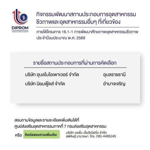 ประกาศรายชื่อสถานประกอบการผ่านการคัดเลือกเข้าร่วม กิจกรรมพัฒนาสถานประกอบการอุตสาหกรรมชีวภาพและอุตสาหกรรม อื่นๆ ที่เกี่ยวข้อง