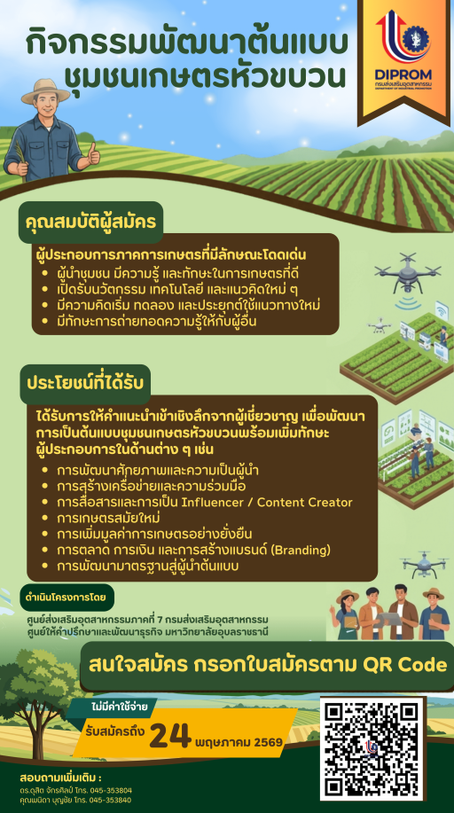 เปิดรับสมัครเข้าร่วม “กิจกรรมพัฒนาต้นแบบชุมชนเกษตรหัวขบวน”