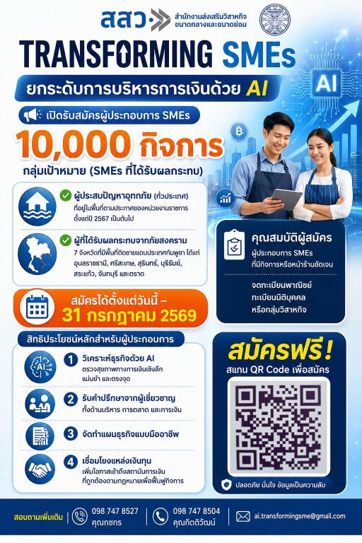 เปิดรับสมัครผู้ประกอบการ SMEs เข้าร่วมโครงการ TRANSFORMING SMEs  ยกระดับการบริหารการเงินด้วย AI ฟรี!